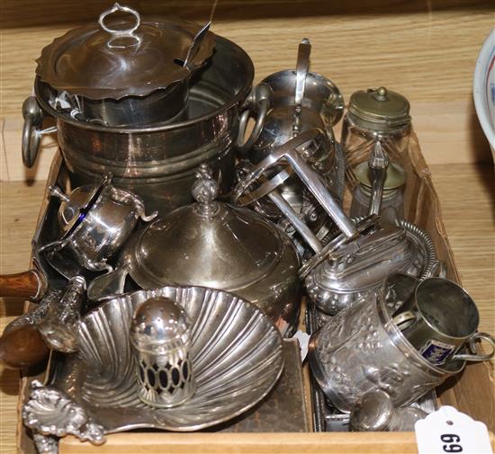 An Eastern embossed white metal mug, a silver napkin ring and sundry silver and plated items, etc.,